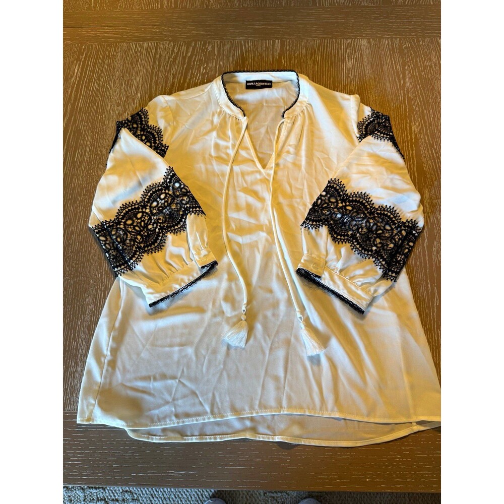 KARL LAGERFELD PARIS Womenâs Blouse White/Black Lace Tie Neck Tassel M